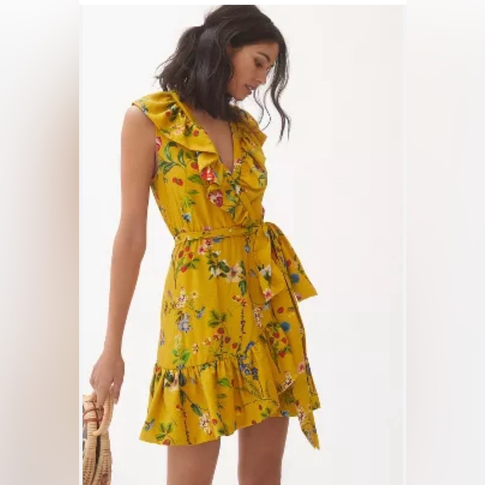 Strawberry Floral Wrap Yellow Mini Dress